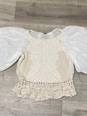 Free People Cream Crochet-Hem Peasant Blouse with White Puff Sleeves